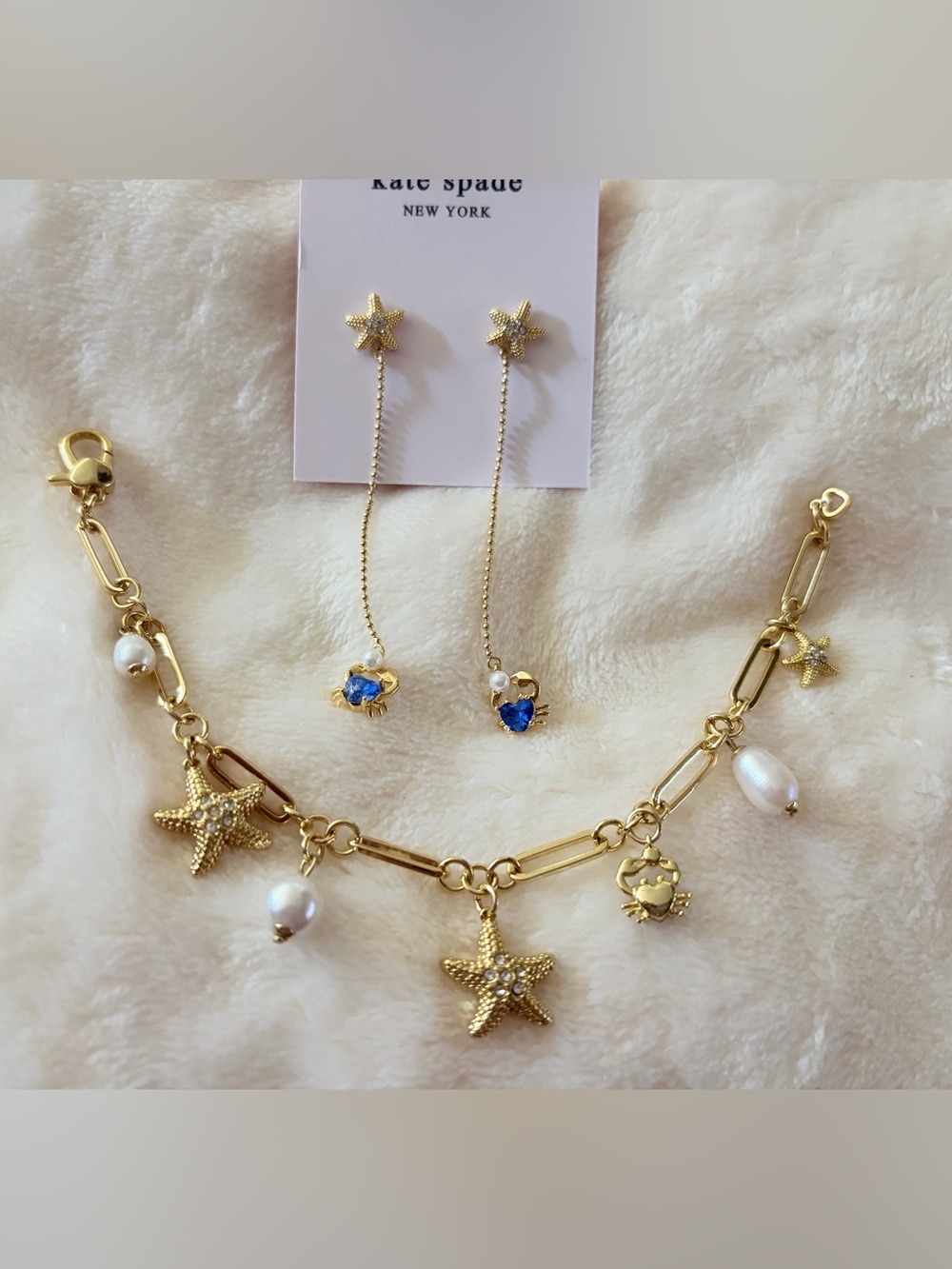 kate spade Gold Starfish, Pearl & Blue Crab Charm Bracelet with Drop Earrings